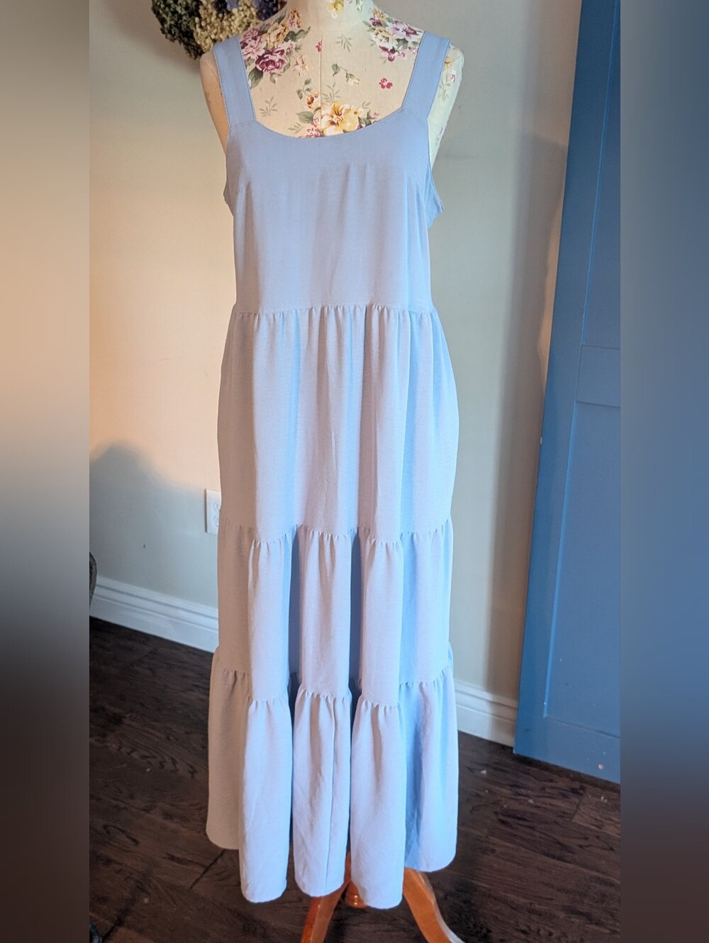 BLACK bow Light Blue Tiered Maxi Dress - Sleeveless Casual Summer Dress